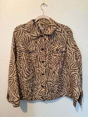 Deane & White Linen-Cotton Zebra Print Button-Front Jacket in Beige and Brown -X